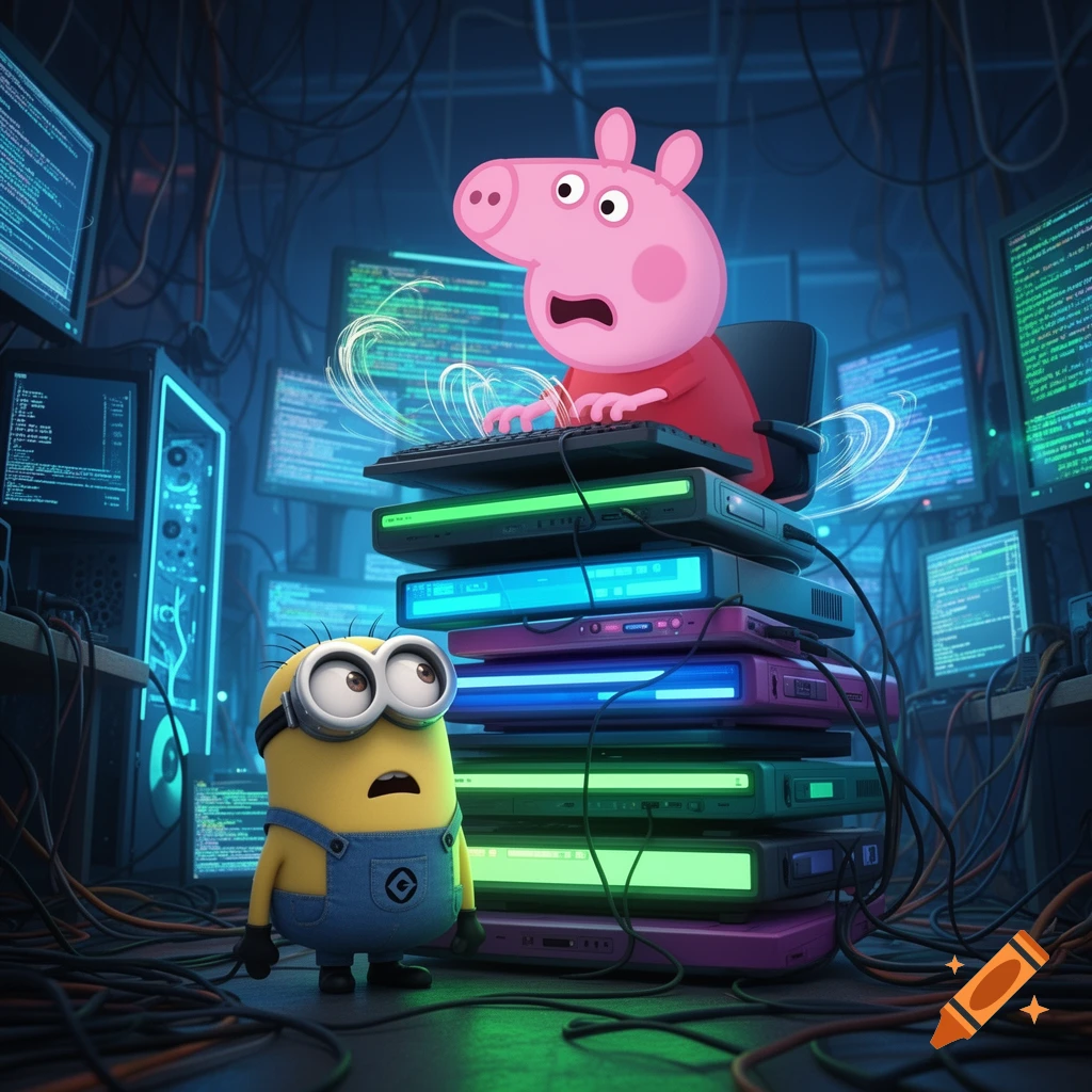 Peppa Pig frantically types on a keyboard atop a stack of glowing servers, while a surprised Minion looks on amidst tangled wires and numerous computer screens displaying code in a dark, tech-filled room.
