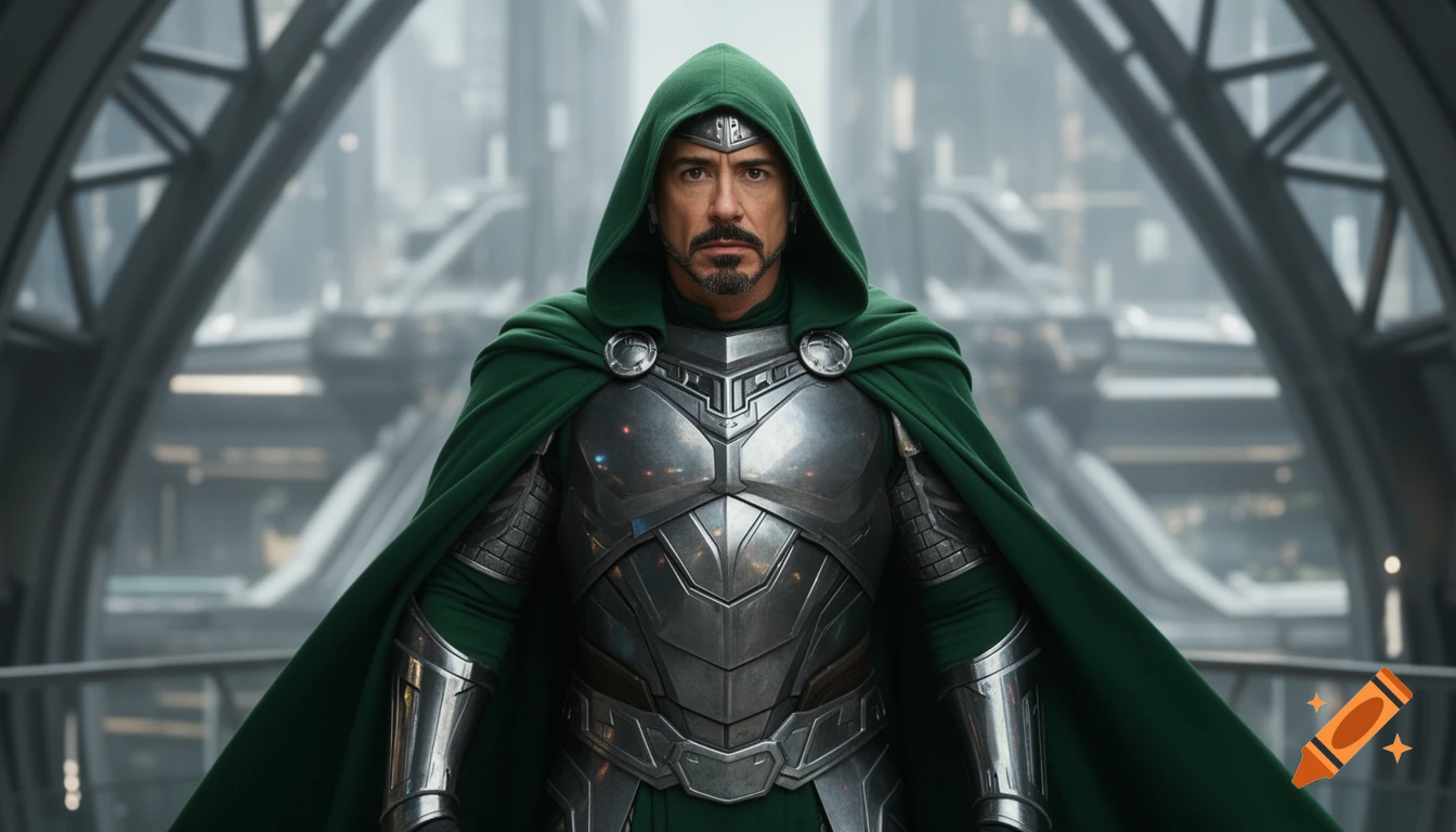 Photorealistic movie still of Robert Downey Jr. as Doctor Doom, wearing a green hooded cloak and titanium armor, unmasked, with a serious expression, in a futuristic setting.