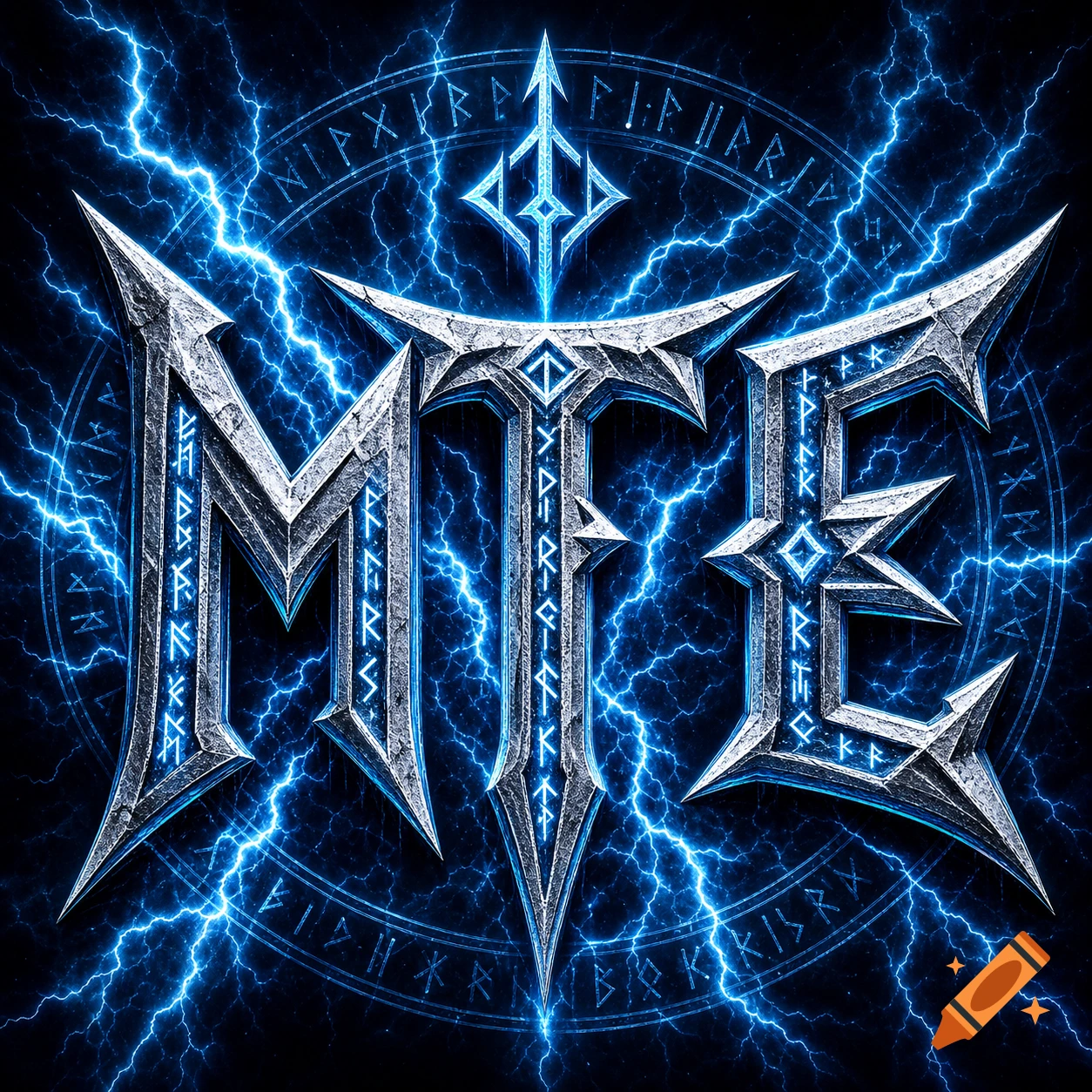 Metallic MTE band logo with sharp edges and runic details, surrounded by bright blue lightning against a dark background.