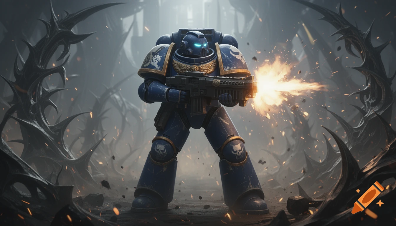 A blue Space Marine in power armor fires a gun, with muzzle flash, in a dark, spike-filled alien environment.