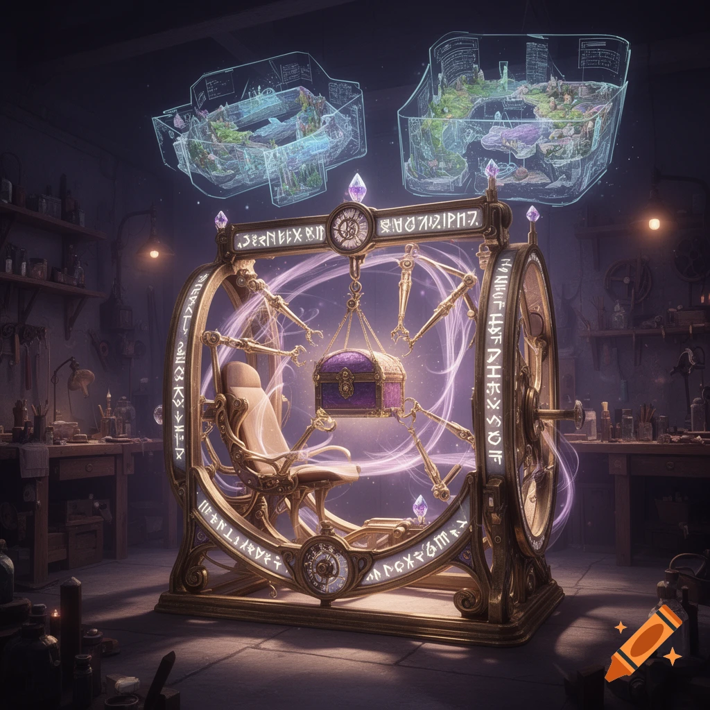 An elaborate golden magical machine, a 'cradle', with a chair, a purple chest, glowing runes, and holographic world maps in a dimly lit workshop.