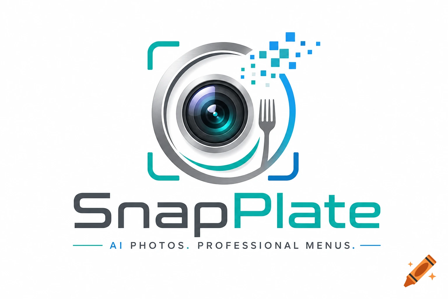 A logo featuring a camera lens in a metallic circle, with a fork and digital pixels, and the text "SnapPlate AI PHOTOS. PROFESSIONAL MENUS." below.