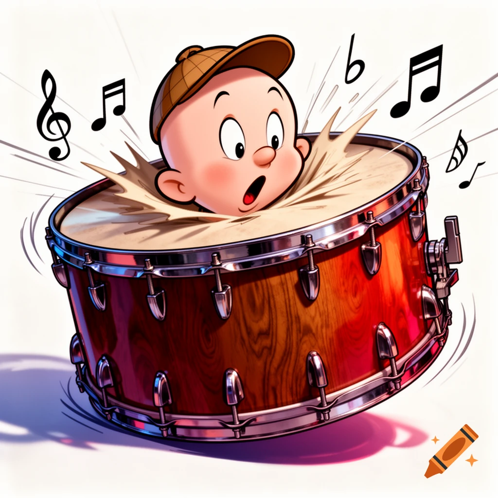 A cartoon of Elmer Fudd's surprised head bursting out of a red drum, surrounded by musical notes.