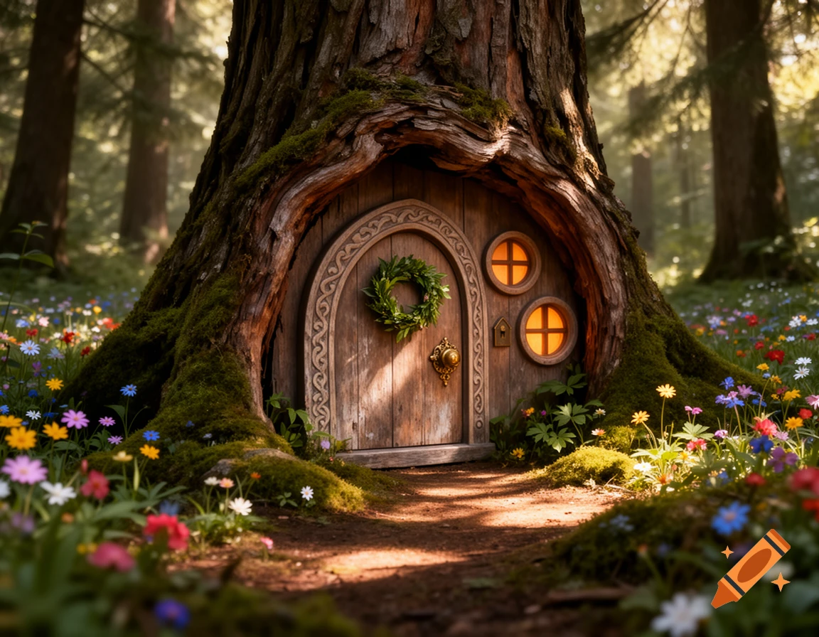 Photorealistic image of a cozy fairy house with a wooden door and round windows built into a tree in a sunlit forest with wildflowers.