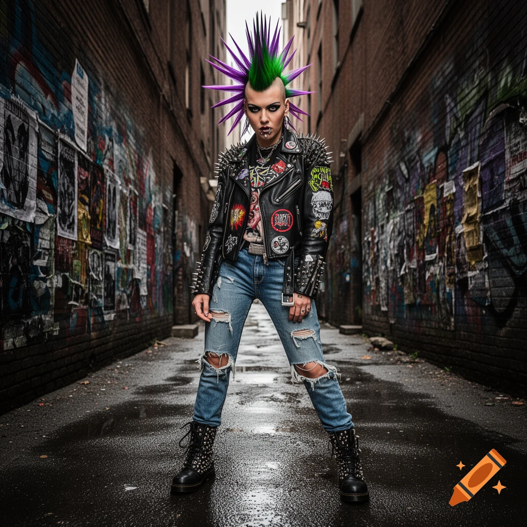 A person with a green and purple mohawk, wearing a spiked leather jacket, ripped jeans, and combat boots, stands in a wet, graffiti-covered alley.