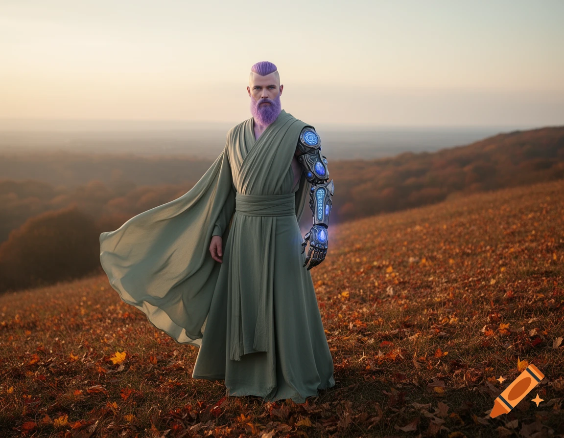 A man with purple hair and beard, wearing sage robes and a glowing blue prosthetic arm, stands on an autumn hillside at sunset.