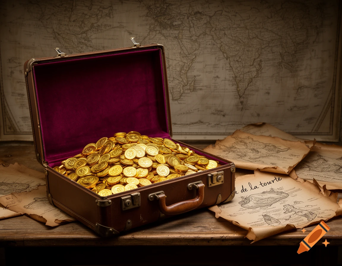 Open brown suitcase filled with gleaming gold coins next to old treasure maps on a wooden table, with a world map in the background.