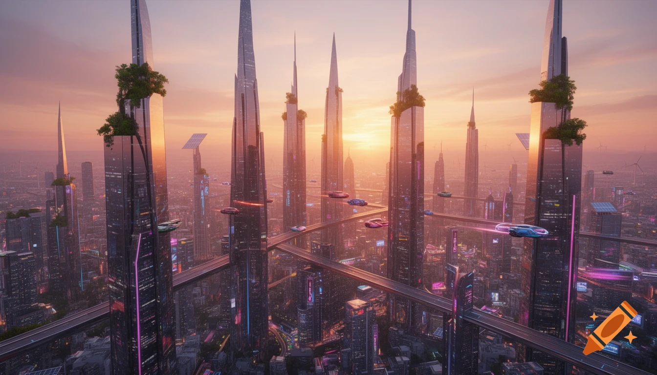 Photorealistic image of a futuristic city at sunrise with towering skyscrapers, elevated roads, and flying vehicles.