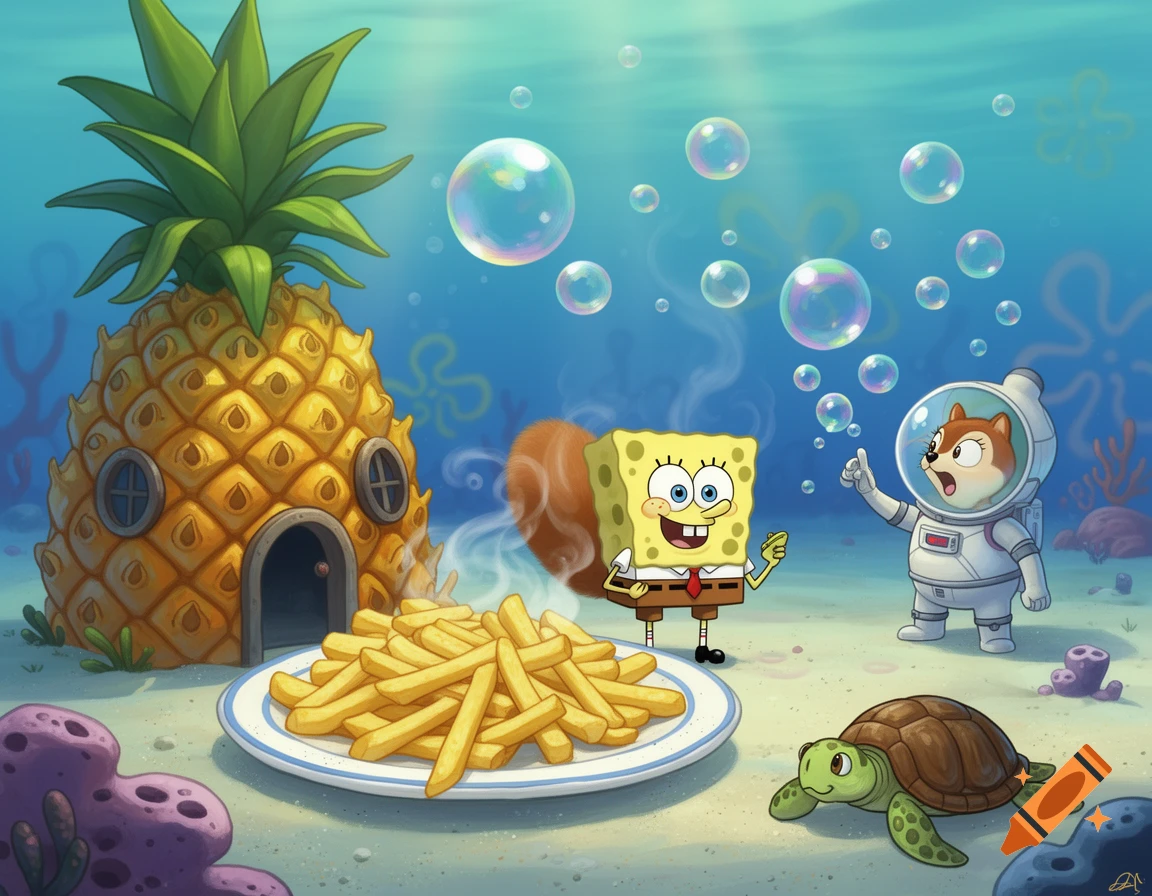 Cartoon of Spongebob near his pineapple house and a plate of french fries, with Sandy Cheeks blowing bubbles and a turtle on the seabed.