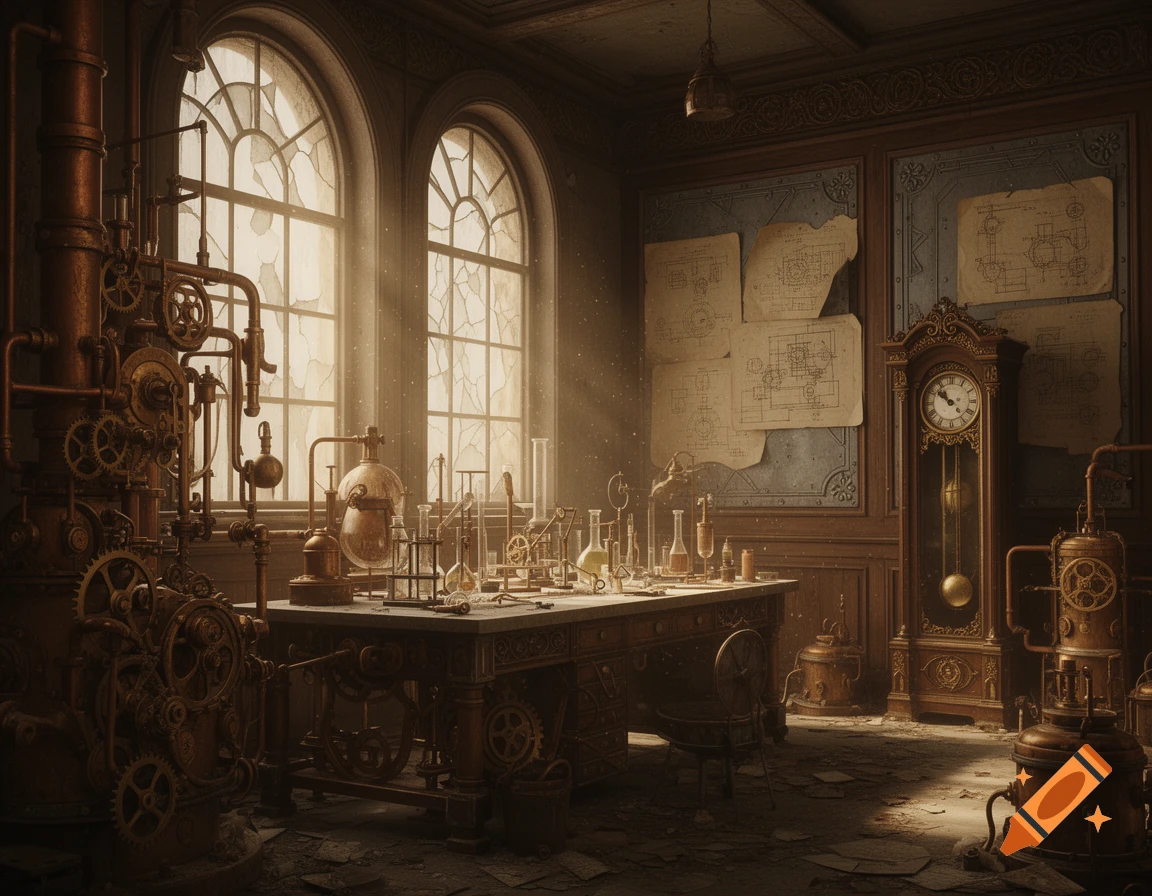 An abandoned steampunk laboratory filled with intricate brass machinery, glass beakers, a large clock, and blueprints on the wall.