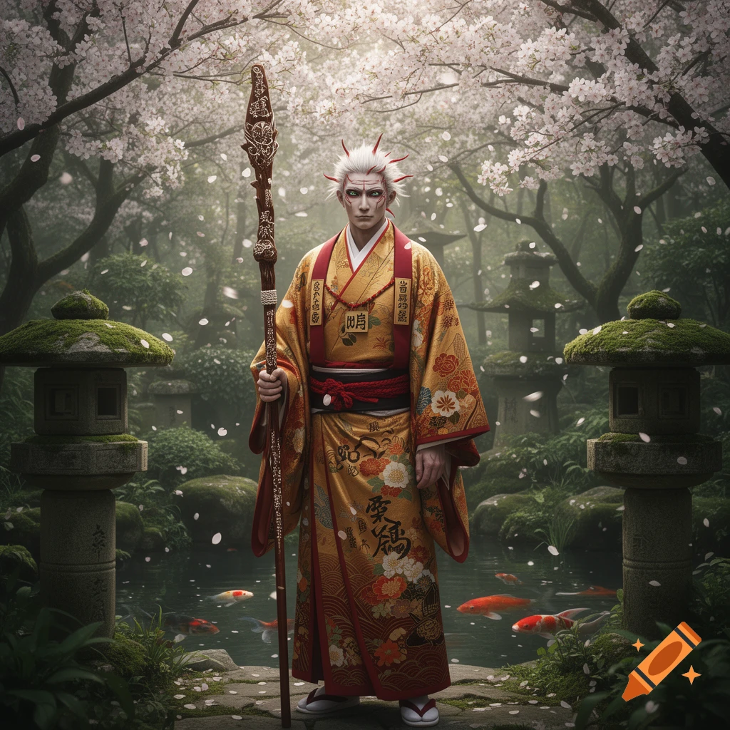 A white-haired, pale-skinned figure with red spiky accents on their head, wearing an ornate golden kimono, stands in a serene Japanese garden with cherry blossoms, stone lanterns, and a koi pond.