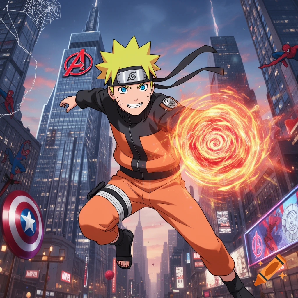 Naruto leaps forward, forming a Rasengan, in a Marvel-themed city with Avengers Tower, Spider-Man, and Captain America's shield.