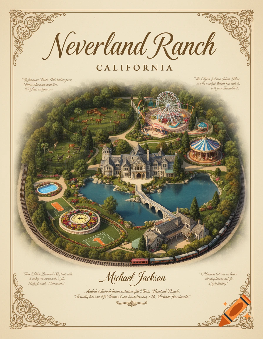 An ornate artistic map of Neverland Ranch in California with a grand manor, lake, amusement park rides, zoo, and a train line encircling the property.
