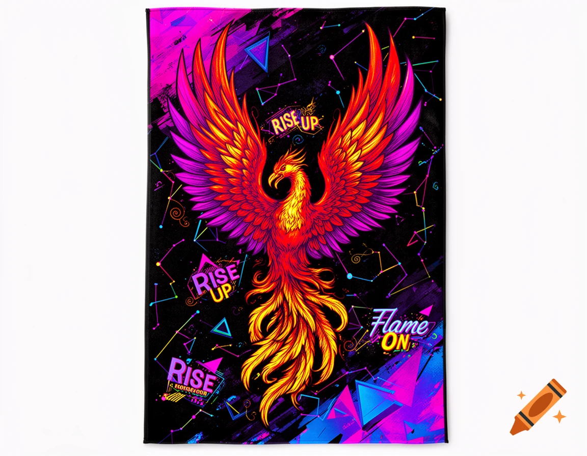 A vibrant, neon-colored phoenix with outstretched wings rises from the center of a black background filled with glowing geometric shapes and constellations, with text 'RISE UP' and 'FLAME ON'.