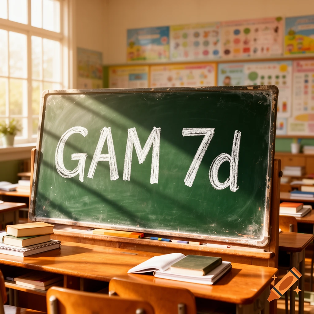 A green blackboard with 'GAM 7d' written in chalk, standing in a sunlit classroom with wooden desks.