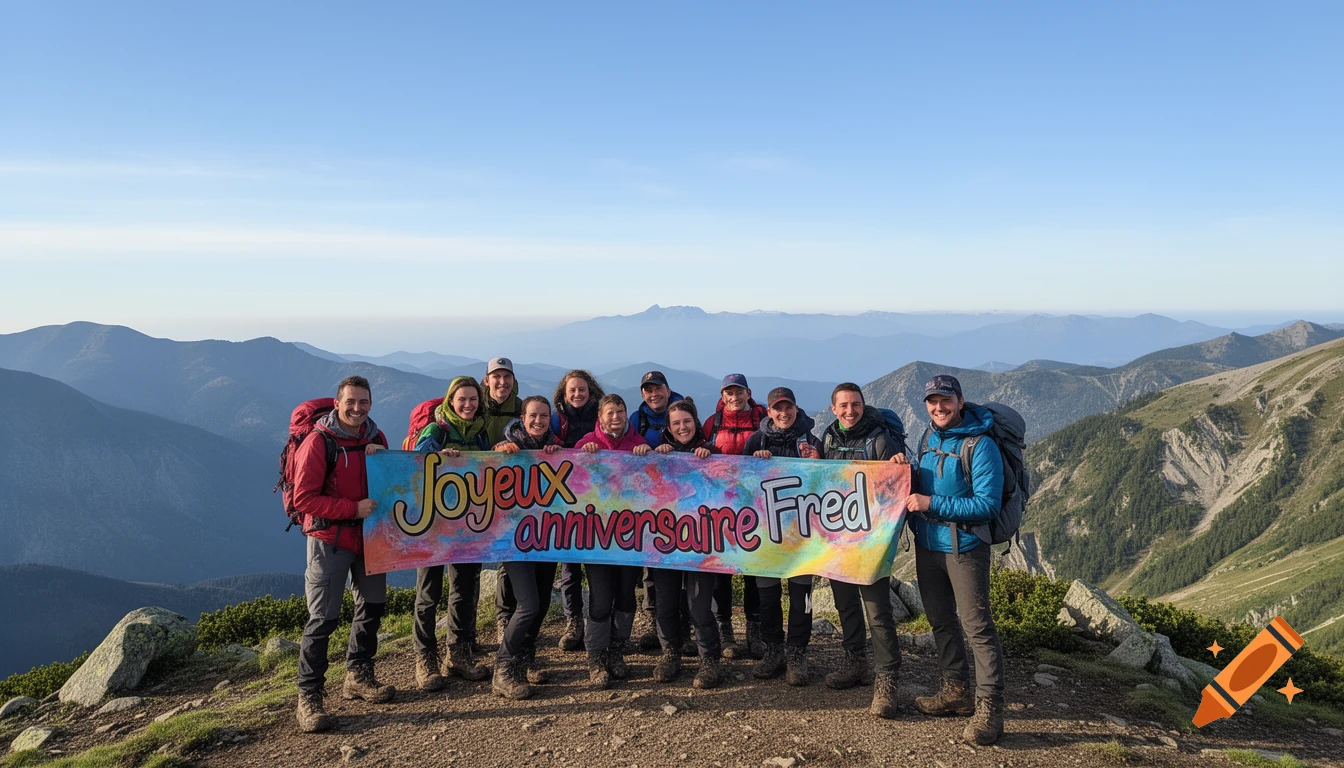 A group of hikers on a mountain peak hold a colorful banner reading "Joyeux anniversaire Fred" under a clear sky.
