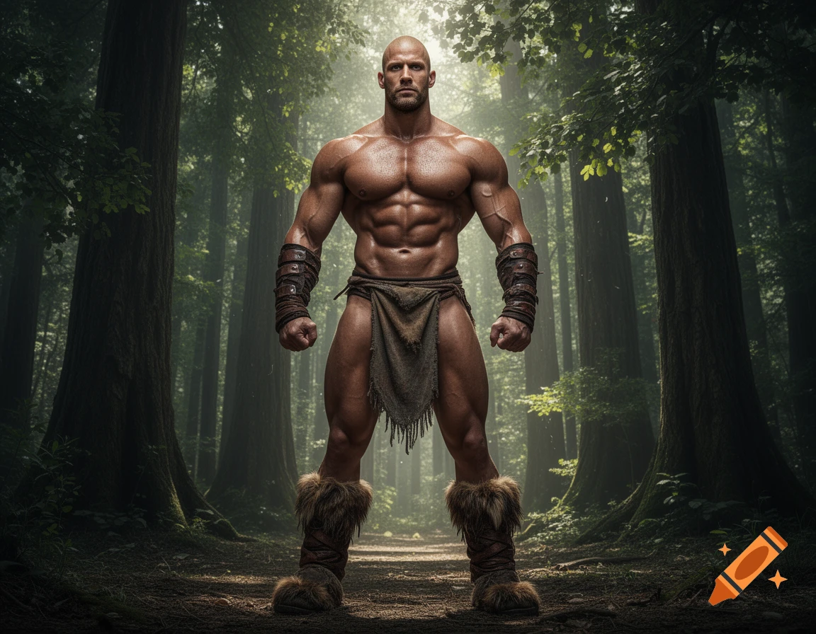 A muscular, bald barbarian man in a loincloth, leather bracers, and fur boots stands in a sunlit forest.