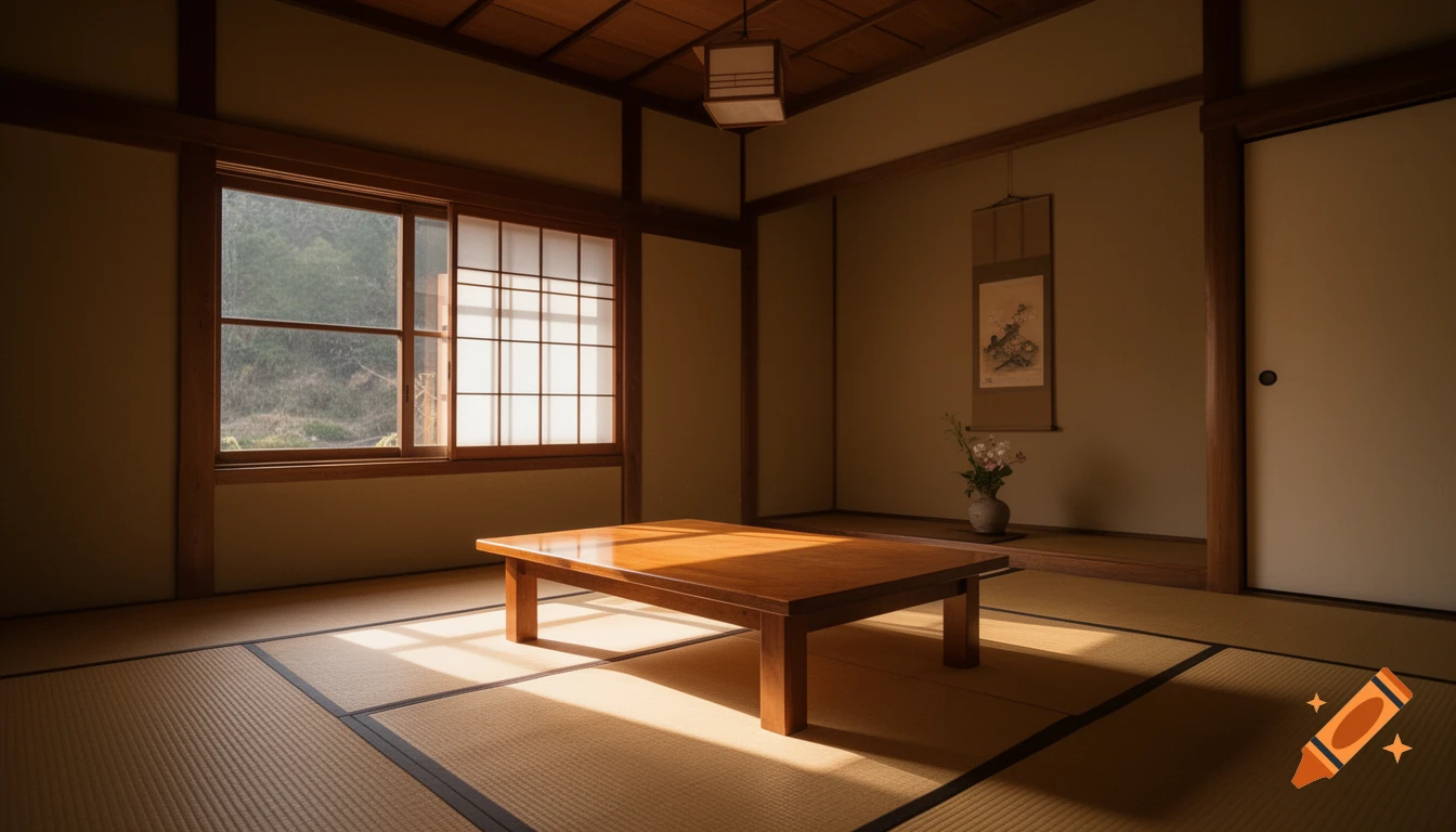 A sunlit traditional Japanese tatami room with a low wooden table, shoji screens, and a hanging scroll.