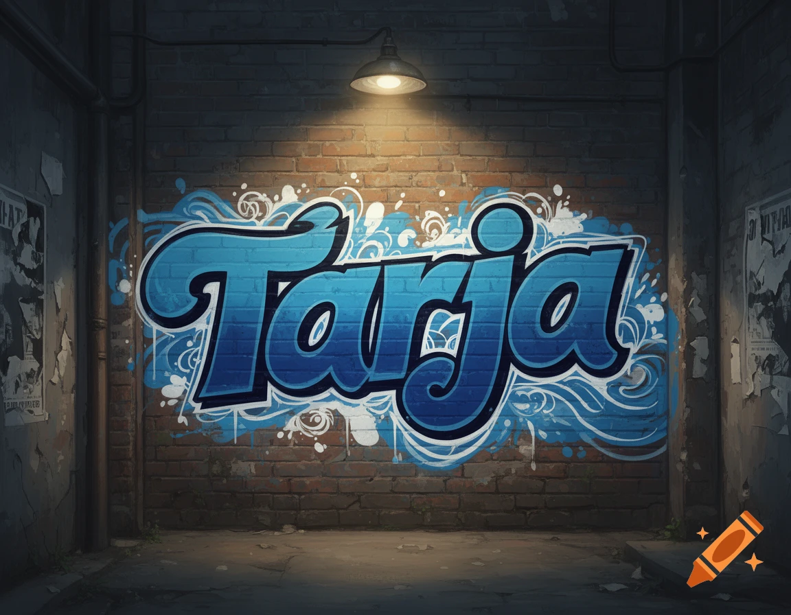Blue graffiti of the name 'Tarja' on a brick wall in a dark alley, lit by a single overhead lamp.