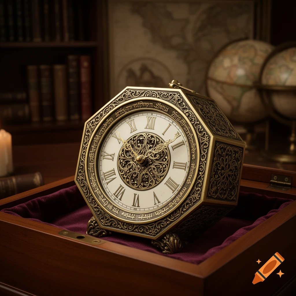 An ornate gold octagonal clock with Roman numerals sits in a velvet-lined wooden box in a vintage study.