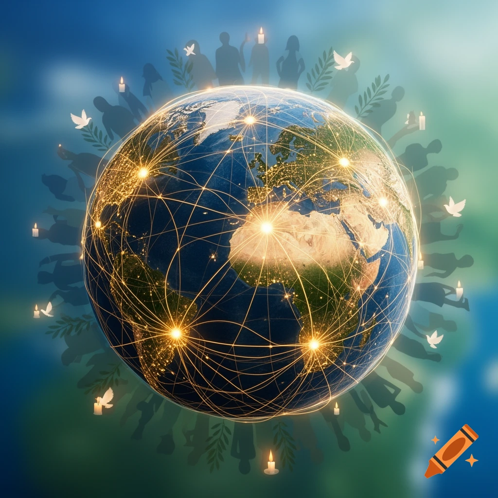 A symbolic globe with glowing city lights and connections, surrounded by silhouettes of people, doves, and candles, representing world peace.
