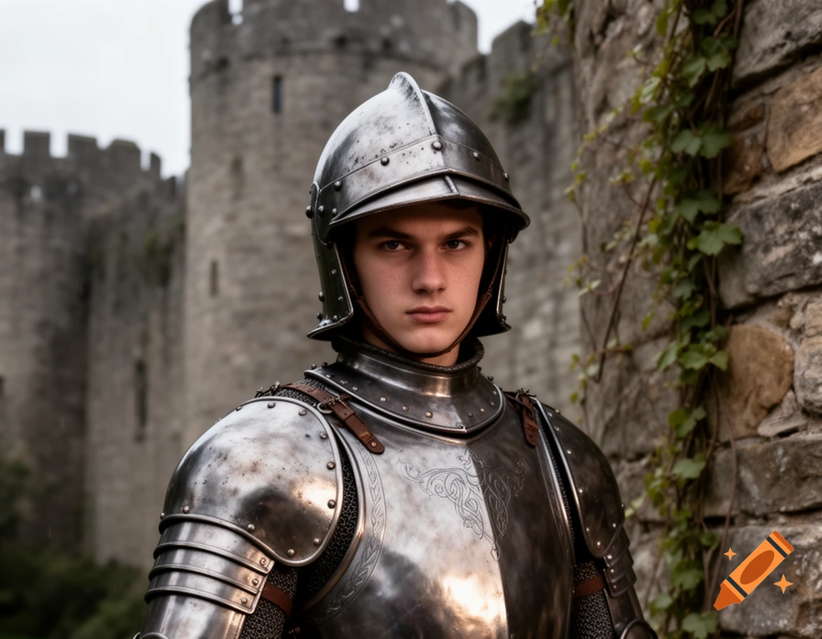 A photorealistic portrait of a young man in shining medieval armor, standing beside a stone castle wall with ivy, blurred castle in background.