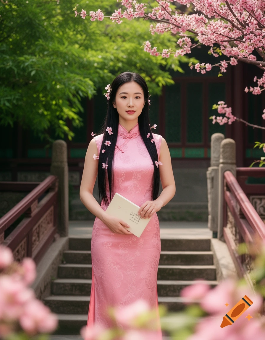 A woman in a pink qipao stands in a Chinese garden with cherry blossoms, holding a book. Photorealistic style.