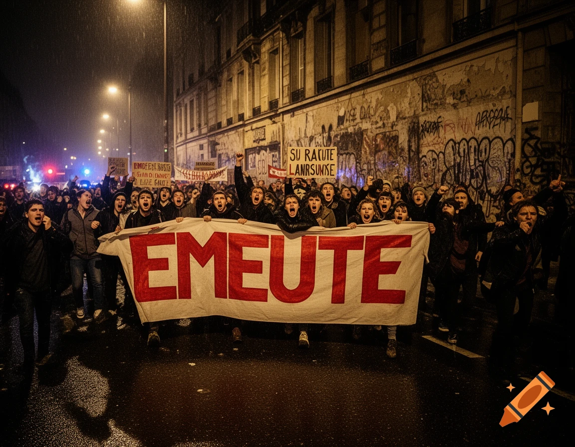 A large crowd of people yell and march in a city street at night, holding a banner that reads 'EMEUTE' (Riot) in a photorealistic style.