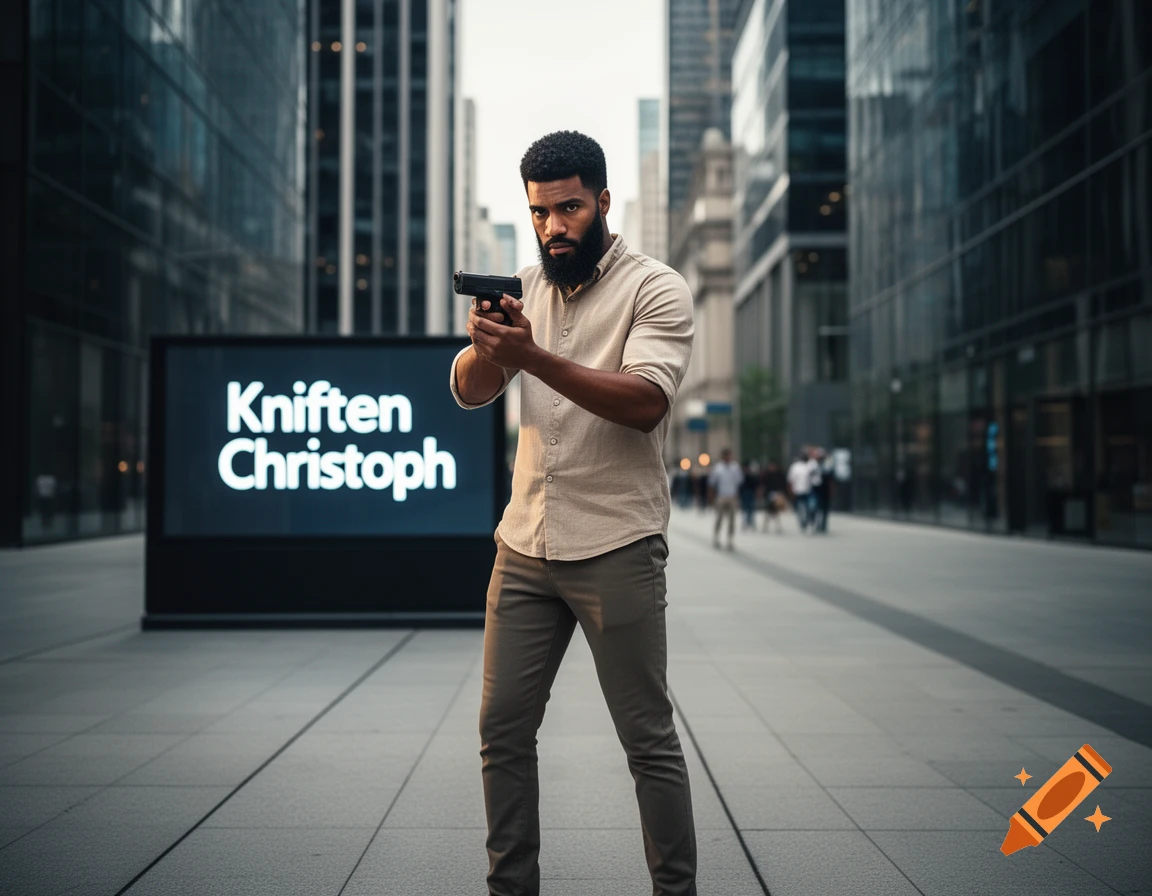 A bearded man in a city street holds a pistol, looking intently, with a sign reading 'Kniften Christoph' behind him. Photorealistic.