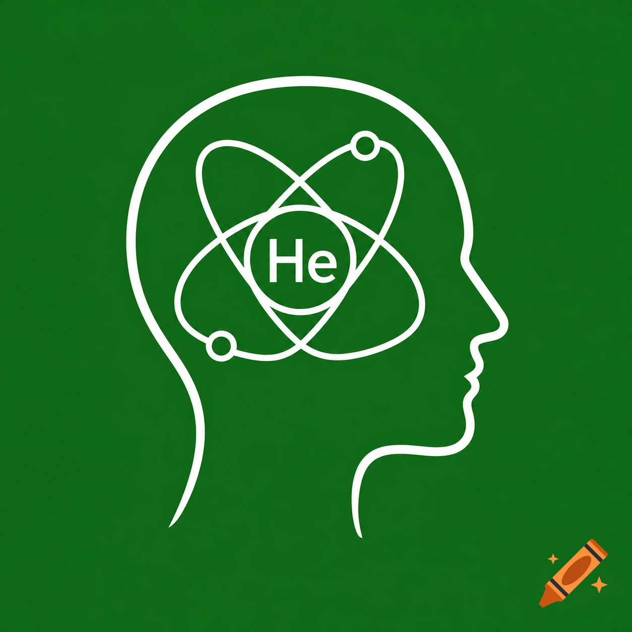 A white line drawing of a human head profile with a helium atom (He) inside, on a green background, in a logo style.