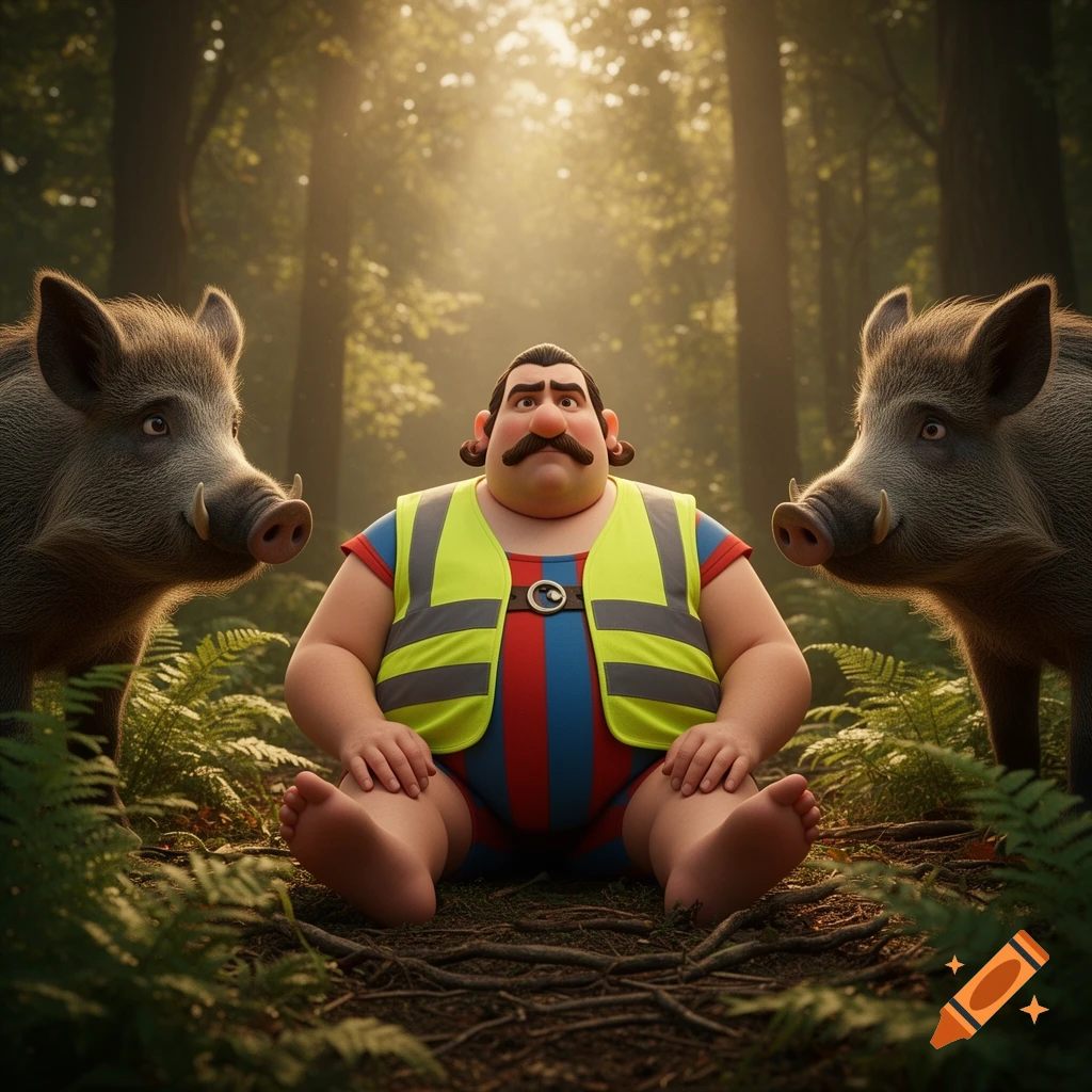 A stylized, heavyset man with a mustache, wearing a striped leotard and a yellow safety vest, sits on the ground in a forest. Two wild boars stand beside him. Golden hour lighting.