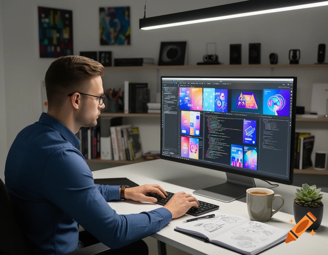 A man wearing glasses and a blue shirt sits at a desk, typing on a keyboard while looking at a large computer monitor displaying code and UI designs in an office setting.