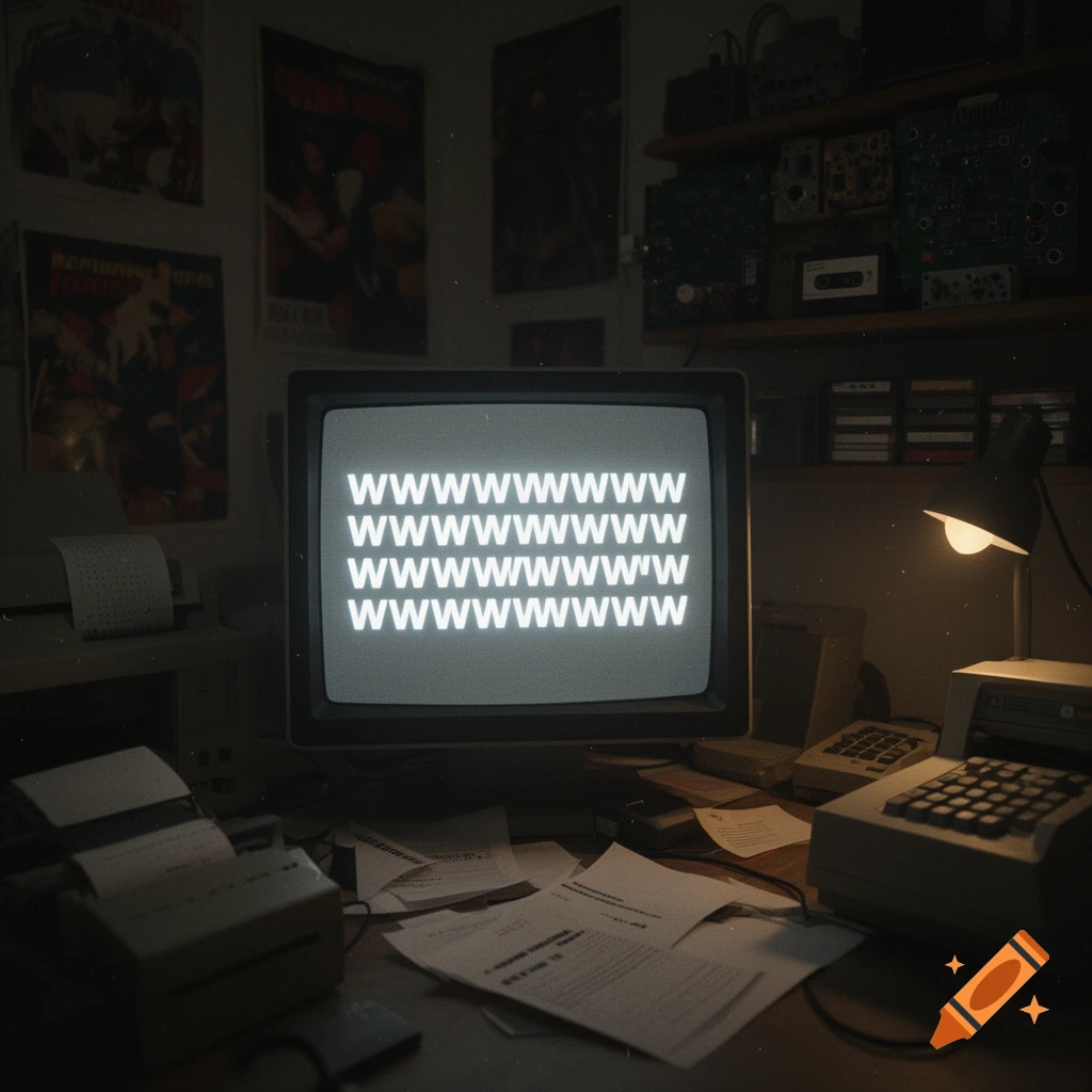 A dimly lit, cluttered vintage desk features an old computer monitor displaying multiple lines of 'W's, surrounded by papers, a desk lamp, and various retro electronics.