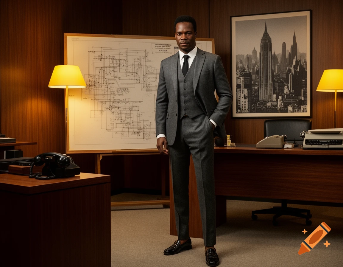 A man in a sharp grey suit and black tie stands in a vintage-style wood-paneled office with a large blueprint and a cityscape poster in the background.