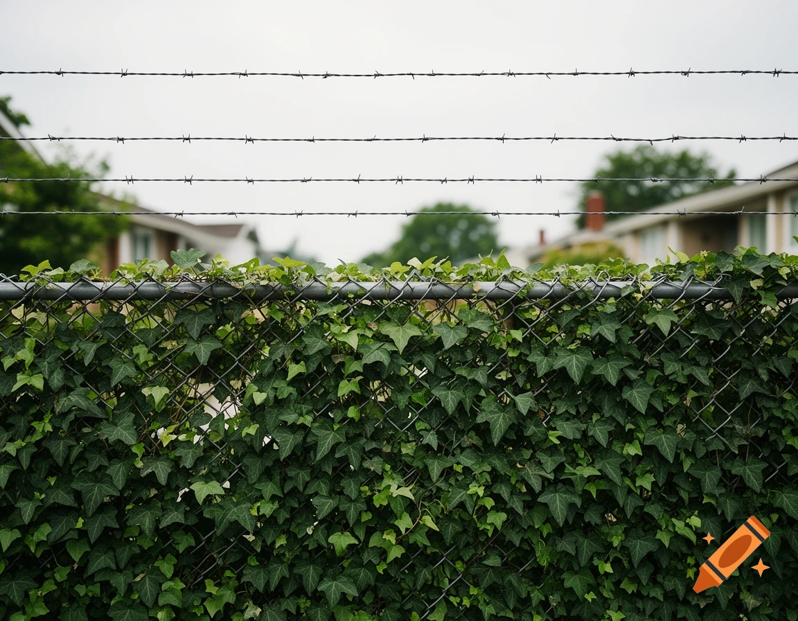 A chain-link fence covered in dark green ivy, topped with four strands of barbed wire against a cloudy sky and blurred suburban houses.