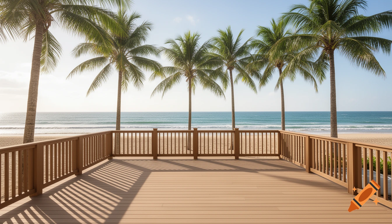 A wooden deck with a matching railing overlooks a sunny sandy beach with palm trees and a calm blue ocean.