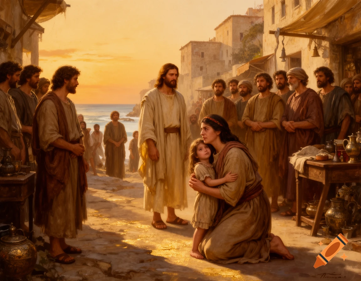 Jesus stands in a golden-lit ancient coastal town as a woman kneels before him, holding a child. Disciples watch in the background.
