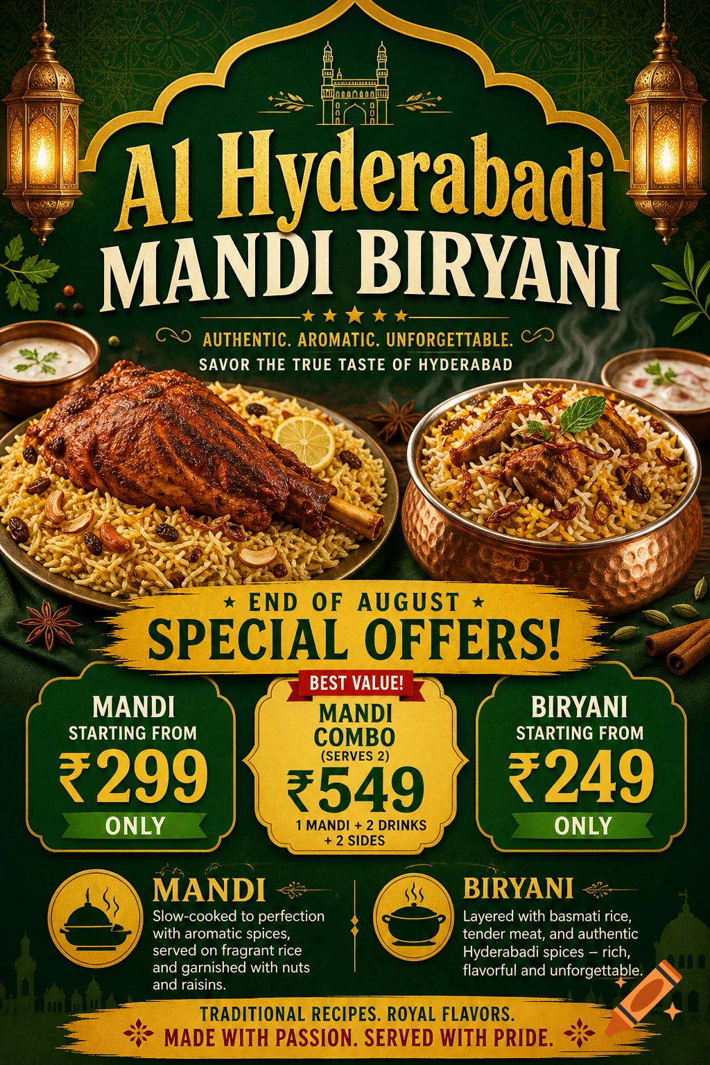 An advertisement poster for "Al Hyderabadi Mandi Biryani" with special offers. Features a plate of Mandi, a bowl of Biryani, and decorative elements.