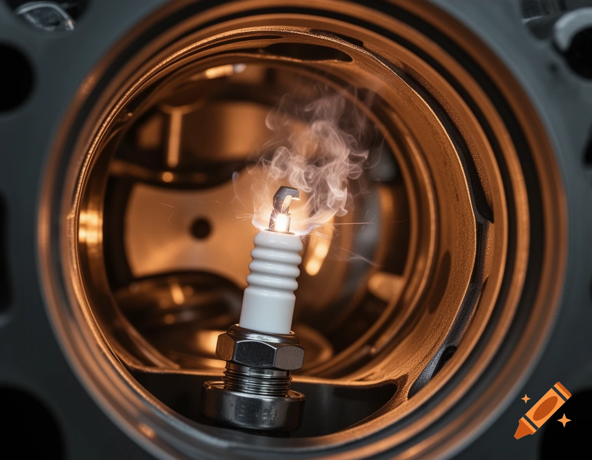 A close-up, photorealistic view of a white ceramic spark plug firing inside a dark, cylindrical engine chamber, emitting bright light and smoke.