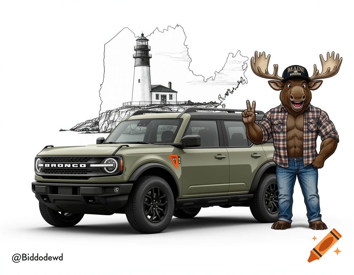 A greenish-tan Ford Bronco and a muscular moose in a plaid shirt and hat giving a peace sign, with a lighthouse and Maine outline in the background.