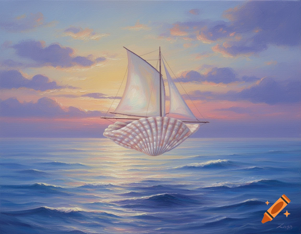 Oil painting of a sailboat with a seashell for a hull floating over a calm sea at sunset with pink and purple clouds.