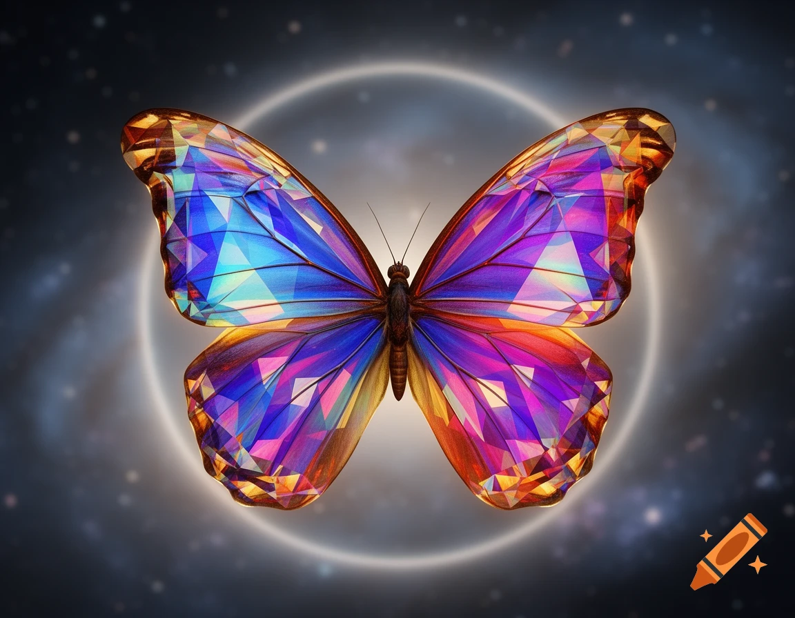 A vibrant butterfly with geometric, faceted wings in blue, purple, and orange, glowing against a dark, starry space background with a light ring.