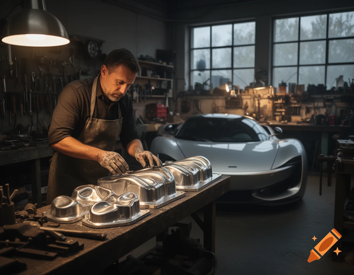 A man in an apron works on shiny metal molds in a dimly lit workshop, with a white sports car in the background.