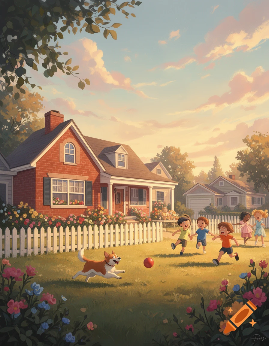 Illustrated scene of children and a Corgi playing with a red ball in a sunny suburban front yard with a red brick house and white picket fence.
