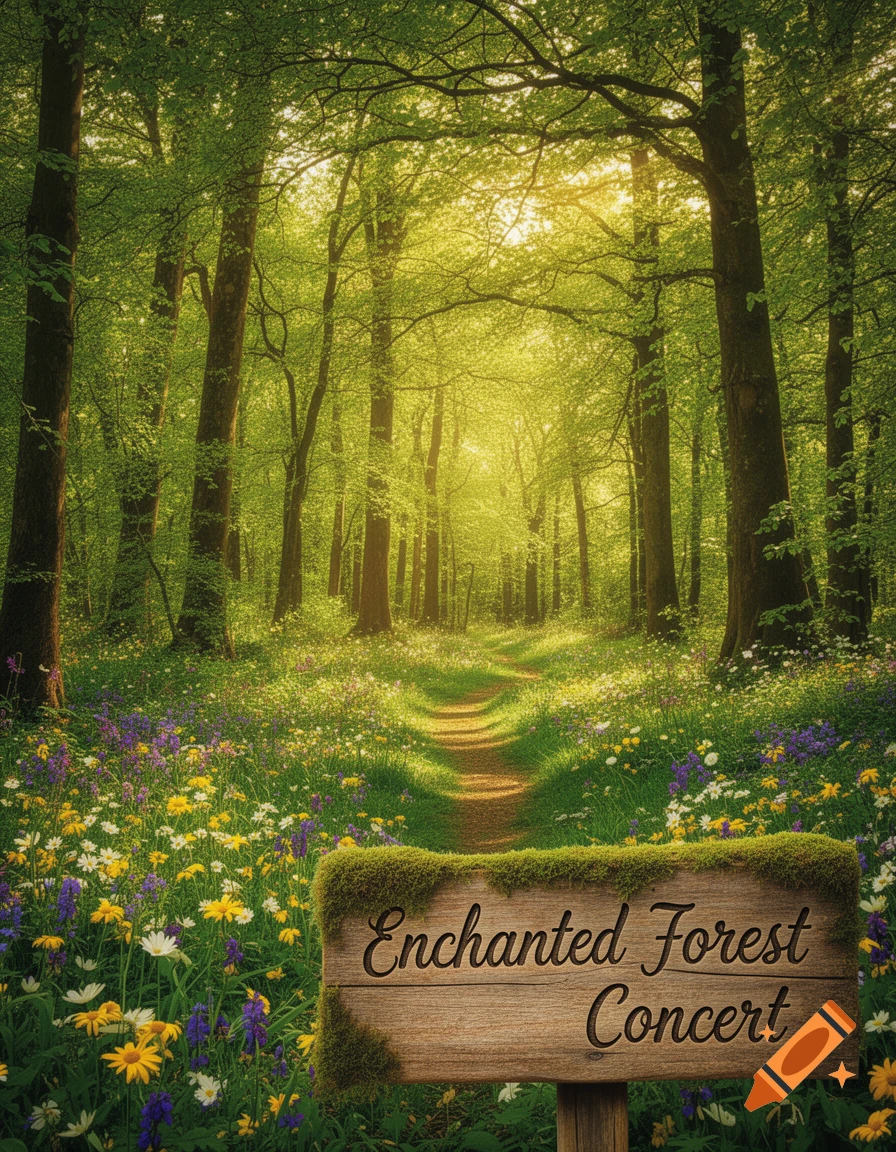 Lush green forest with sunlit path, wildflowers, and a wooden sign reading 'Enchanted Forest Concert'.
