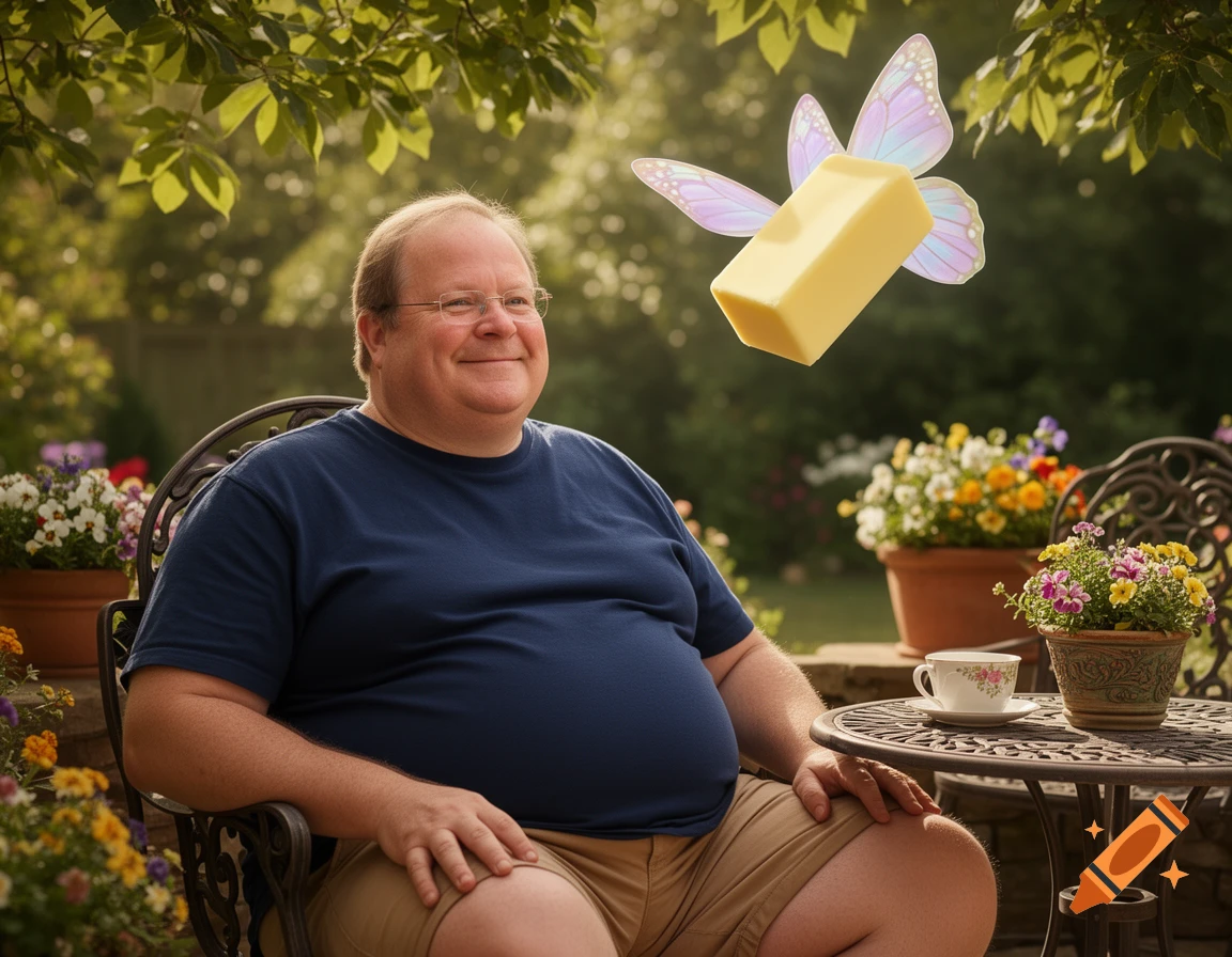 A smiling man with glasses sits in a garden chair, looking up at a floating block of butter with ethereal butterfly wings. Photorealistic.