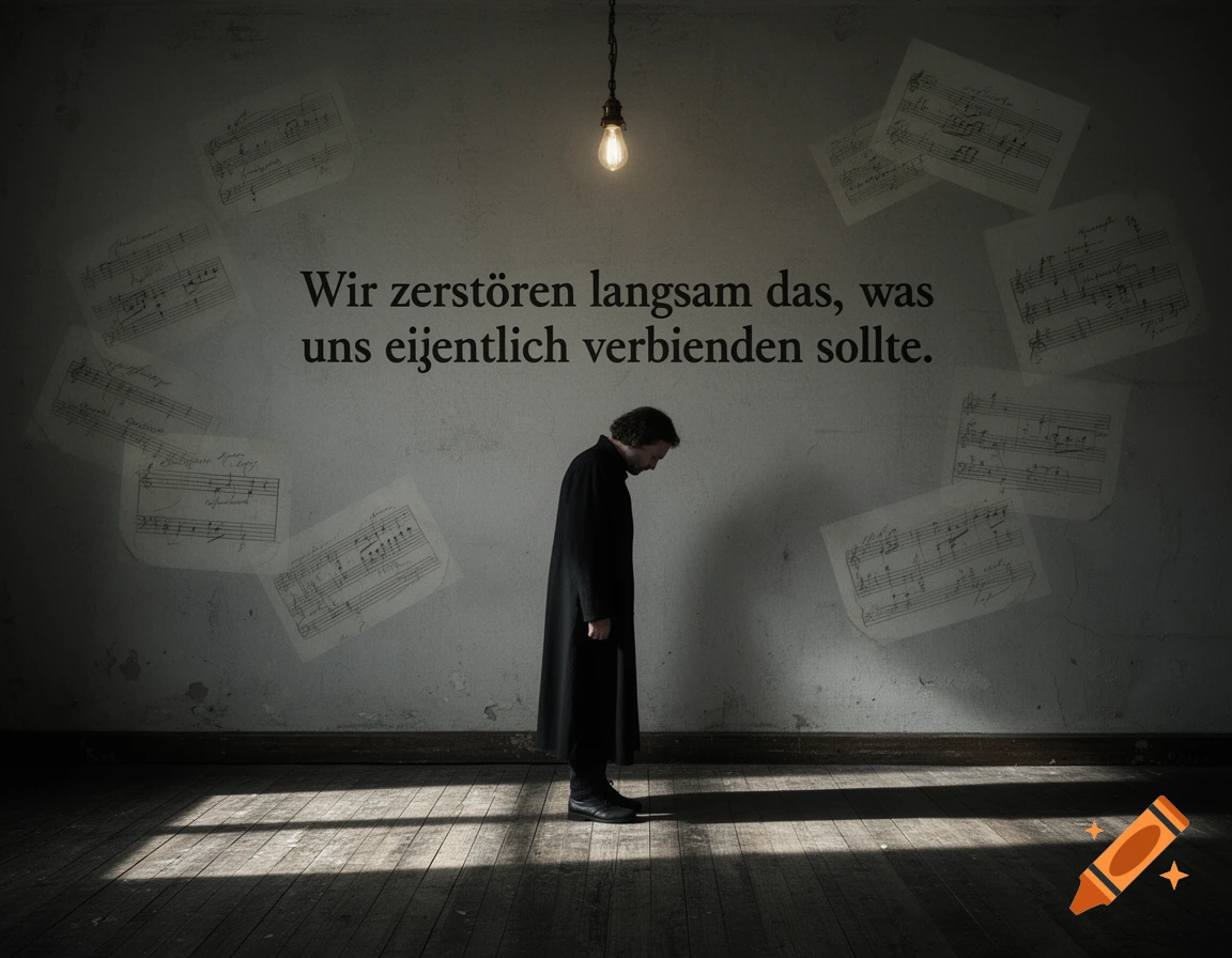 A man in a dark coat stands with bowed head in a dimly lit, distressed room with musical sheets and a German quote on the wall.