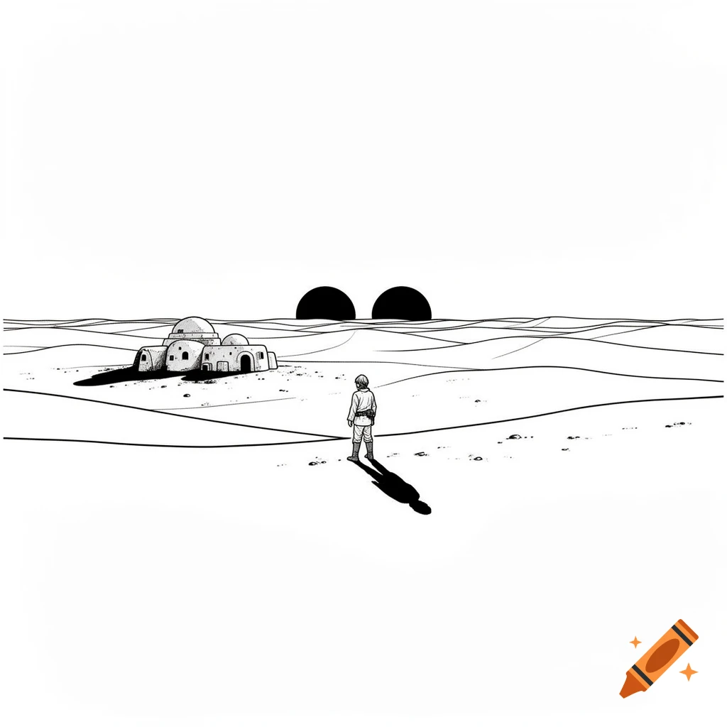A black and white minimalist illustration of Luke Skywalker looking at the twin suns setting over a Tatooine homestead in a desert landscape.