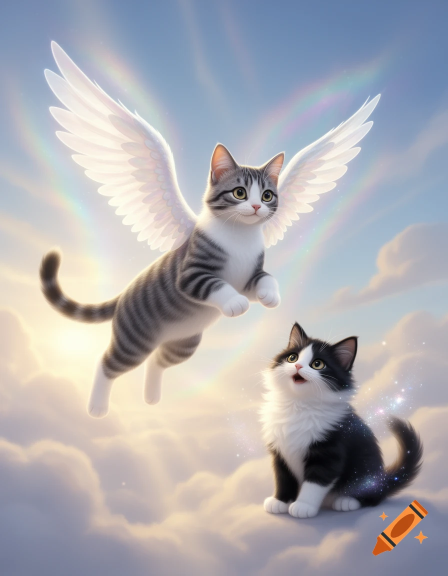 Animated flying tabby kitten with white wings above a fluffy black and white kitten on clouds, with rainbows.