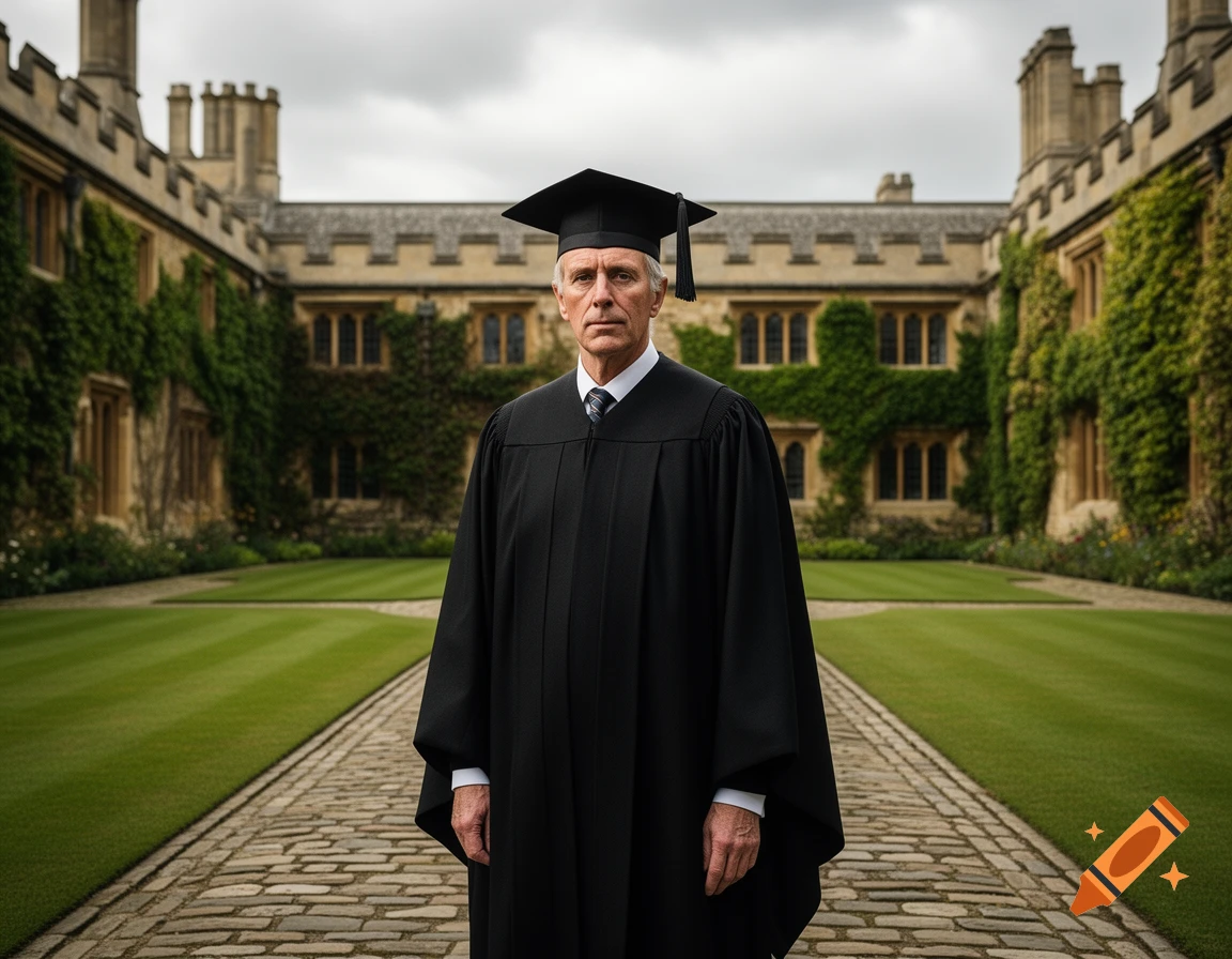 An older university don in a black academic gown and square hat stands centered in a college quadrangle with ivy-covered stone buildings.